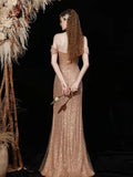 Champange Shiny Off Shoulder Mermaid Long Prom Dresses, Evening Dress ZIK011