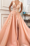 A  Line Spaghetti Straps V Neck Long Prom Dress With Lace Appliques, Evening Dress ZIK060