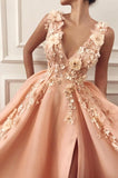 A  Line Spaghetti Straps V Neck Long Prom Dress With Lace Appliques, Evening Dress ZIK060
