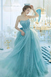 Light Blue Strapless Tulle Ball Gown Prom Dress With Ruffles, Evening Dress ZIK062