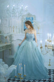 Light Blue Strapless Tulle Ball Gown Prom Dress With Ruffles, Evening Dress ZIK062