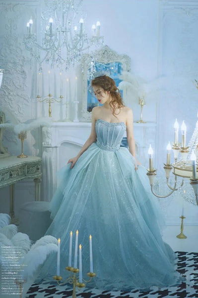 Light Blue Strapless Tulle Ball Gown Prom Dress With Ruffles, Evening Dress ZIK062