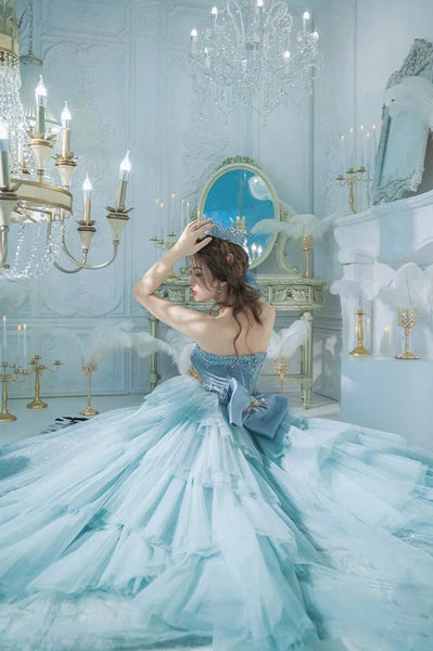 Light Blue Strapless Tulle Ball Gown Prom Dress With Ruffles, Evening Dress ZIK062
