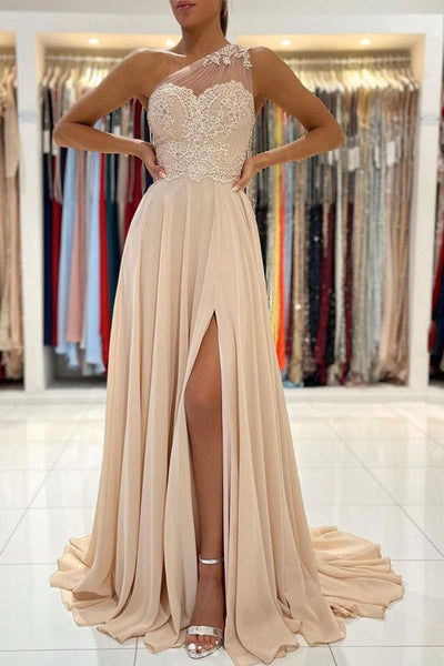 A-Line Chiffon One Shoulder Lace Long Prom Dress Formal Dress ZIK066
