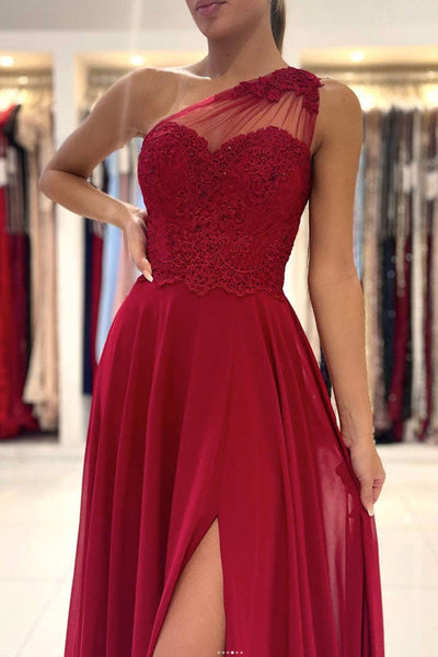A-Line Chiffon One Shoulder Lace Long Prom Dress Formal Dress ZIK066