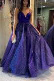 A-Line V Neck Royal Blue Prom Dress Cross Back Evening Dress CB316