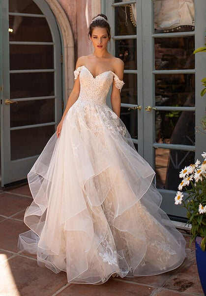 Tiered Cascade Wedding Gown with Off-The-Shoulder Sleeves DZ0418