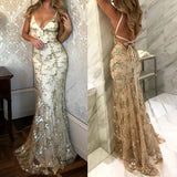 V Neck Rose Golden Backless Mermaid Lace Prom Dresses, Evening Dresses NR1043