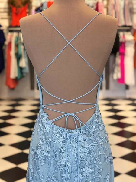 Spaghetti Strap Sky Blue Mermaid Prom Dresses Backless Formal Dress BM5390