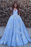 Ball Gown Off-The-Shoulder Sweep Train Blue Tulle Prom Dress PQ4018