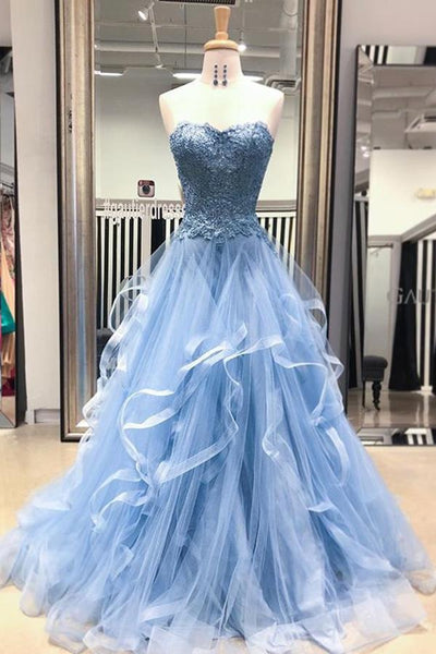 Gorgeous A Line Sweetheart Appliques Lace Prom Dresses with Ruffles  AHC546 | ballgownbridal