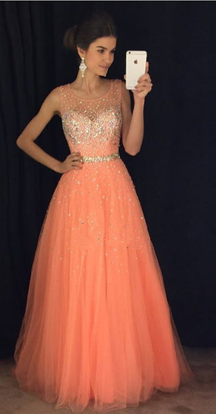 A-line Orange Sleeveless Beading Long Prom Dress AU3564