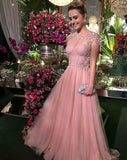 A-line Floor Length Pink Tulle Beaded Prom Dress GQA9652