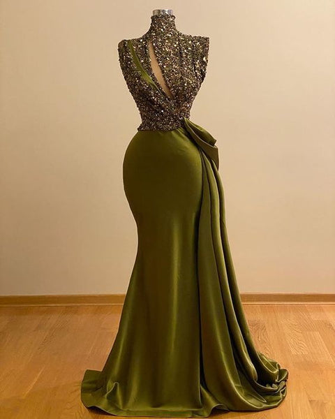 Romantic Green Beading Mermaid Halter Neck Long Prom Dress HL3911