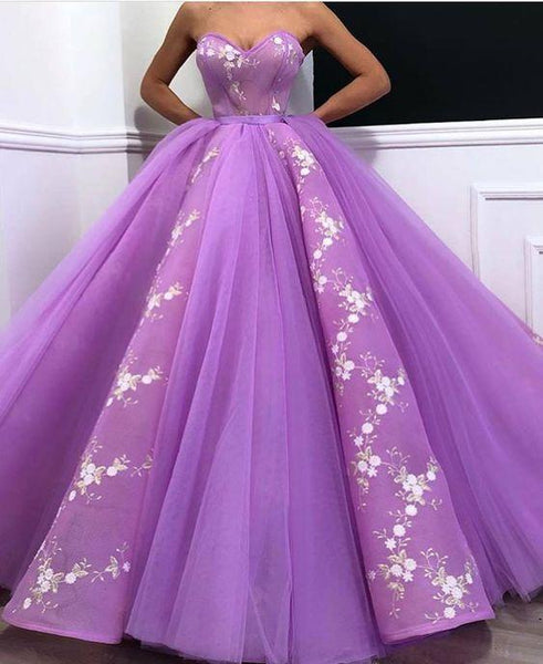 Purple Floral & Tulle Strapless Sweetheart Neck Ball Gown Prom Dress YB3656