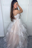 V-neck Spaghetti Strap White Applique Ruffles Long Prom Dress PZ0311