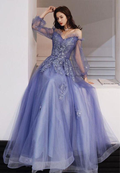 Blue Purple Tulle Long Sleeves Lace Applique Formal Gown MX5590