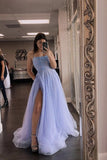 A-line Blue Tulle Beading Spaghetti Straps Long Prom Dress TG2924