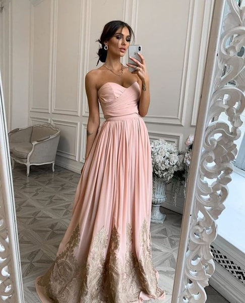 Pink Sexy Strapless Sweep Train Pleats Prom Dresses XM0906