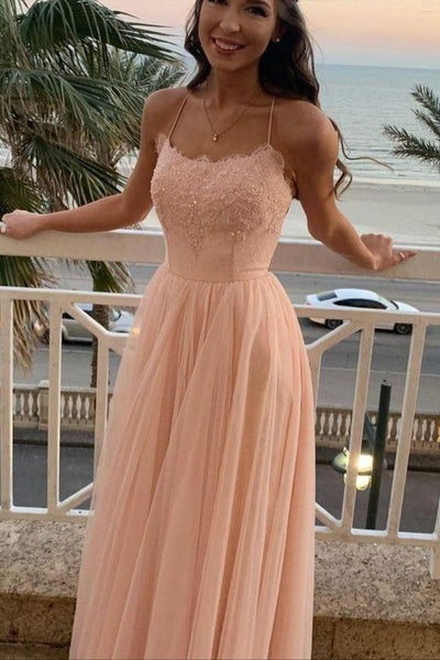 Spaghetti Straps Pink Tulle Long Prom Dress SC1075