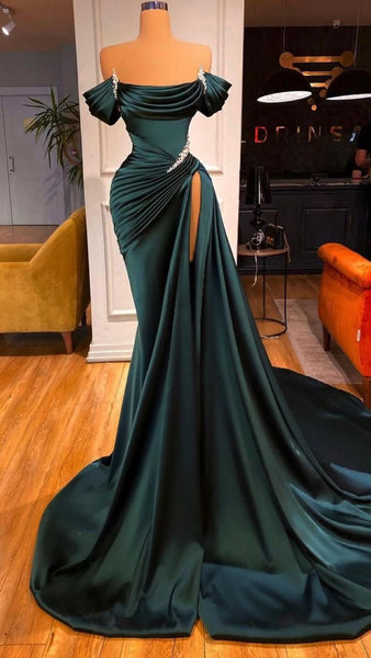 Fashion Off Shoulder Green Side Slit  Long Prom Dress HS2514