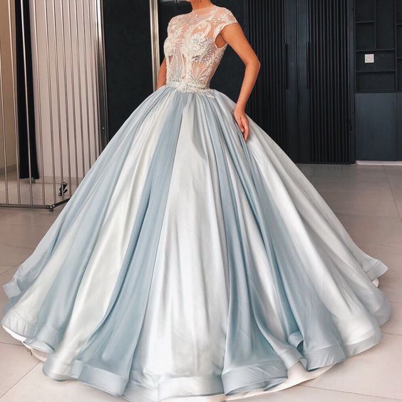 Ball Gown Blue Jewel Cap Sleeve Long Prom Dresses KR8462