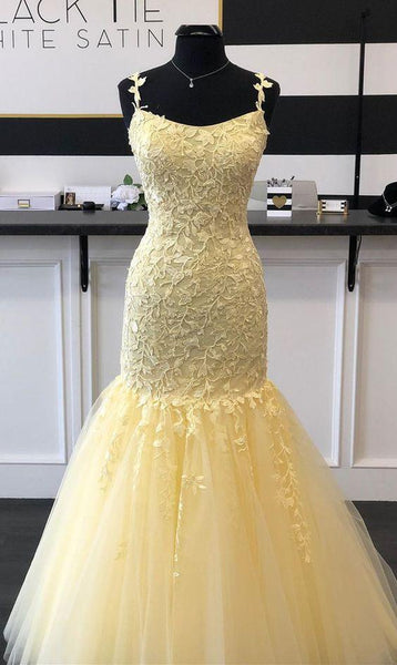 Mermaid Long Yellow Lace Appliques Prom Dresses YM1040