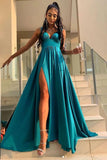 Elegant Green A Line V Neck Prom Dresses with Split SE0934