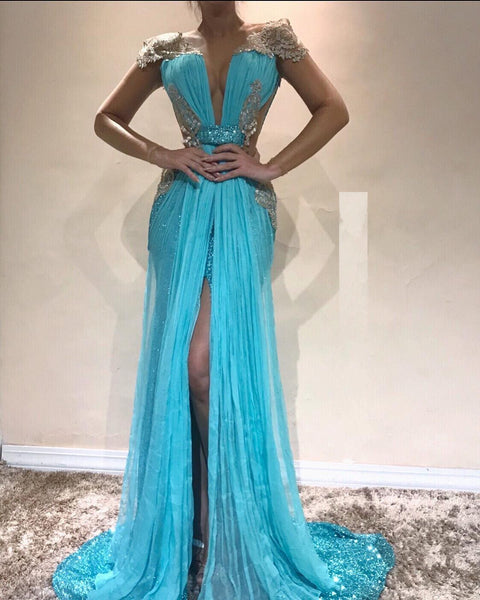 Moderne Blue Side Slit Mermaid Long Chiffon Prom Dress KD6845