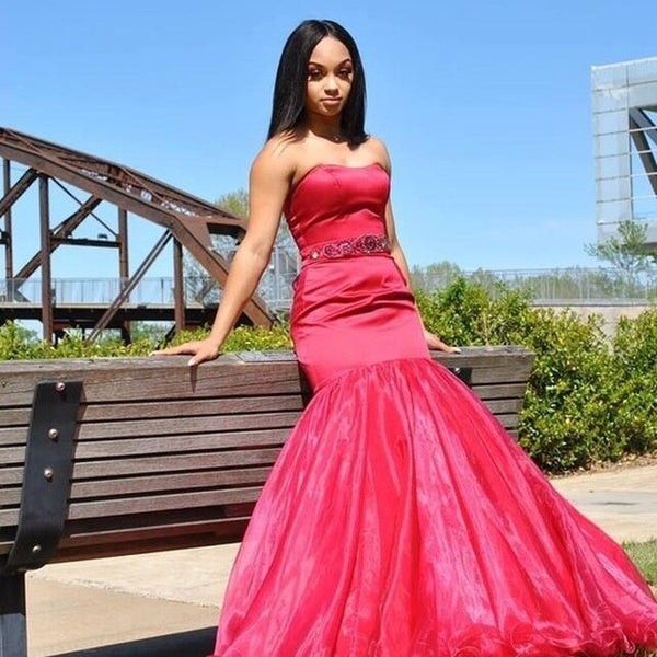 Pink Mermaid Satin Organza Strapless Prom Dress DF5468