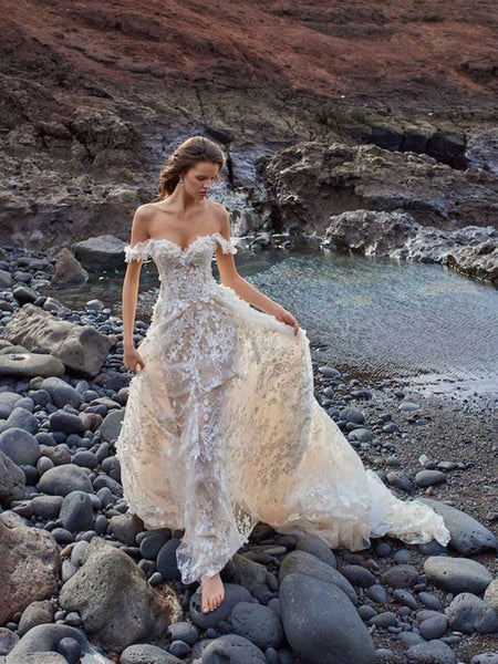 Court A-Line Lace Off-The-Shoulder Beach Wedding Dress AP8246