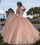 Pink Quinceanera Off Shoulder Lace Appliques Ball Gown Prom Dress QS1289
