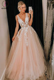 A Line Champagne Tulle V Neck Long Prom Dress With Lace Applique TC0912