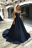 Navy Blue Long Princess Spaghetti Straps Sweetheart Satin Prom Dress PB4011