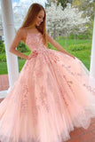 A-line Pink Spaghetti Straps Lace Appliques Prom Dresses HS3528
