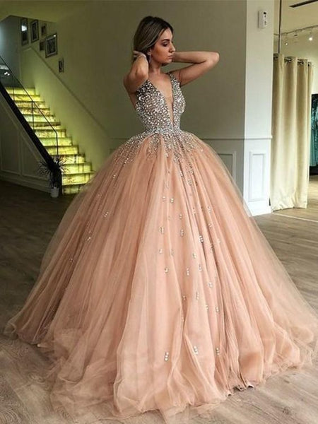 Deep V-Neck Sweep Train Champagne Beading Tulle Ball Gown Dress BQ2893