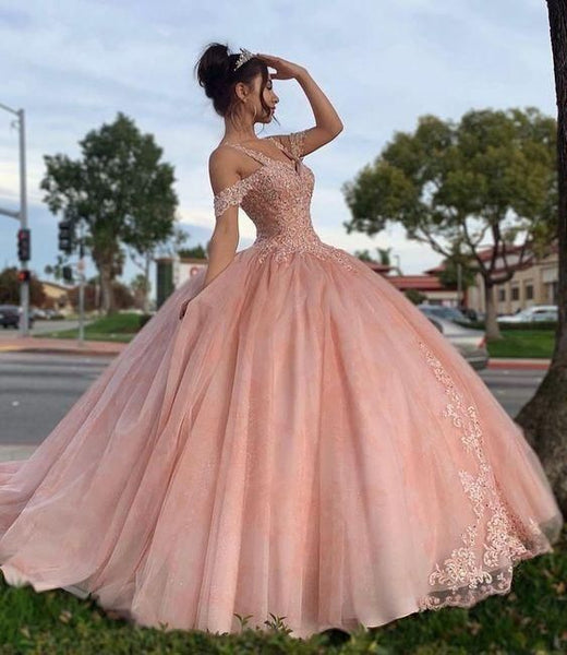 Pink Quinceanera Off Shoulder Lace Appliques Ball Gown Prom Dress QS1289