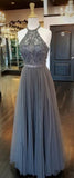 A-Line Crew Floor-Length Grey Tulle Prom Dress with Beading Split PDA385