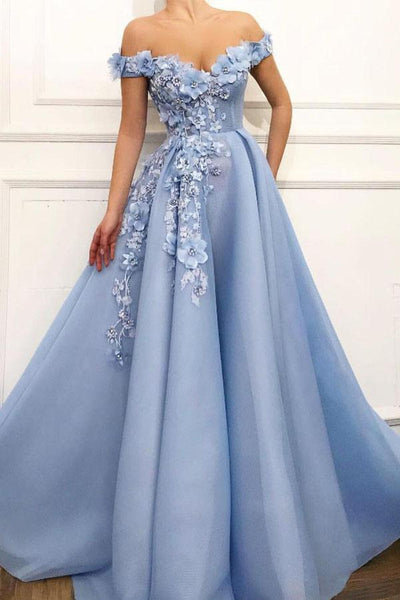 A Line Blue Off the Shoulder Tulle Lace Sweetheart 3D Flowers Prom Dresses BG412