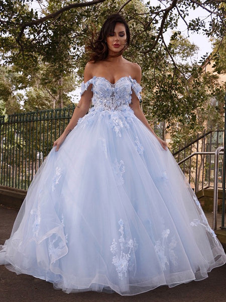 Blue Tulle Off Shoulder Applique Sweep Train  Ball Gown Dress EB6295