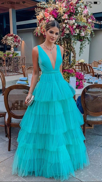 A-Line V-neck Floor-Length Tulle Prom Dress RL9652