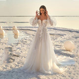 Off-the-Shoulder Floral Appliques A Line Silk Tulle Wedding Dress XQ0920
