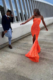 Mermaid Orange Sequin High Slit Spaghetti Straps Prom Dresses OG2540