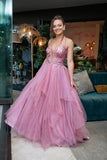 Princess A-line Pink Sequins Satin Long Prom Dress Formal Dress SW0413