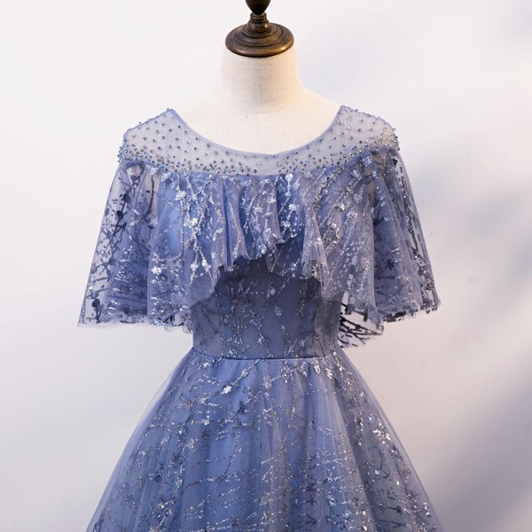 Blue Elegant A-Line Tulle Sequin  Short Sleeves Long Prom Dress BD0915
