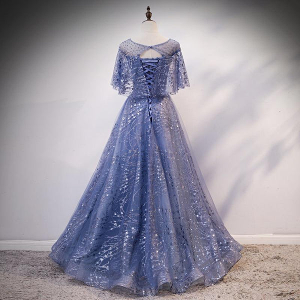 Blue Elegant A-Line Tulle Sequin  Short Sleeves Long Prom Dress BD0915