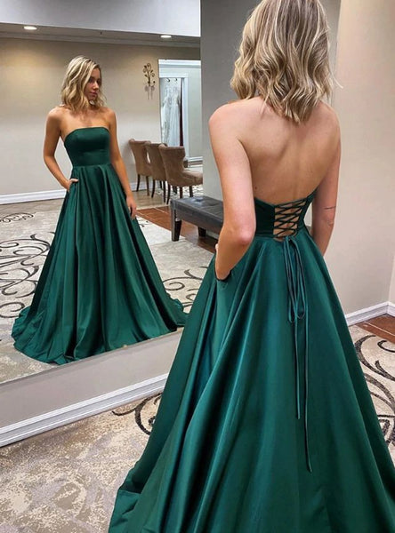 A Line Satin Strapless Hunter Long Prom Dresses Lace Up With Pockets SHE019