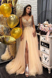 A Line Beaded Champagne Tulle V Neck Long Prom Dresses SHE015