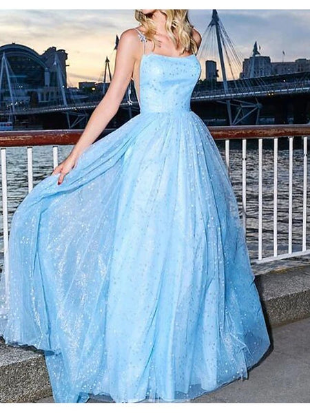 A Line Blue Tulle Halter Long Prom Dresses SHE014