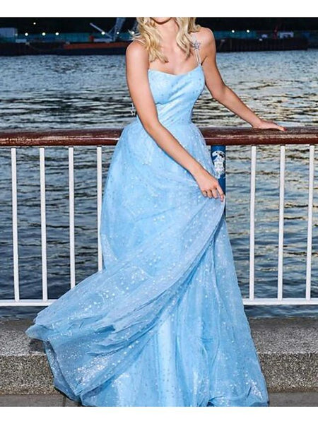 A Line Blue Tulle Halter Long Prom Dresses SHE014